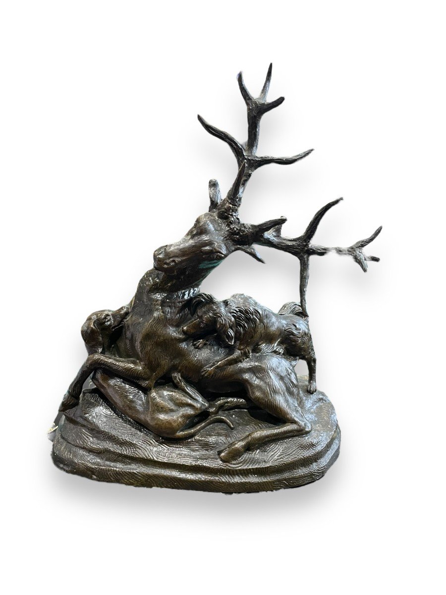 Venot Cyprien François (1808-1886) Cerf Attaqué Par Deux Chiens, Bronze-photo-3