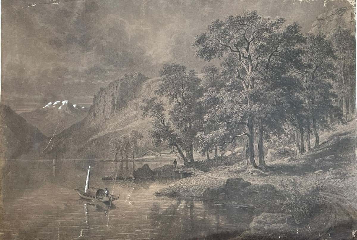 Large 19th Century Drawing By Charles Pensée Bord De Lac Animé 