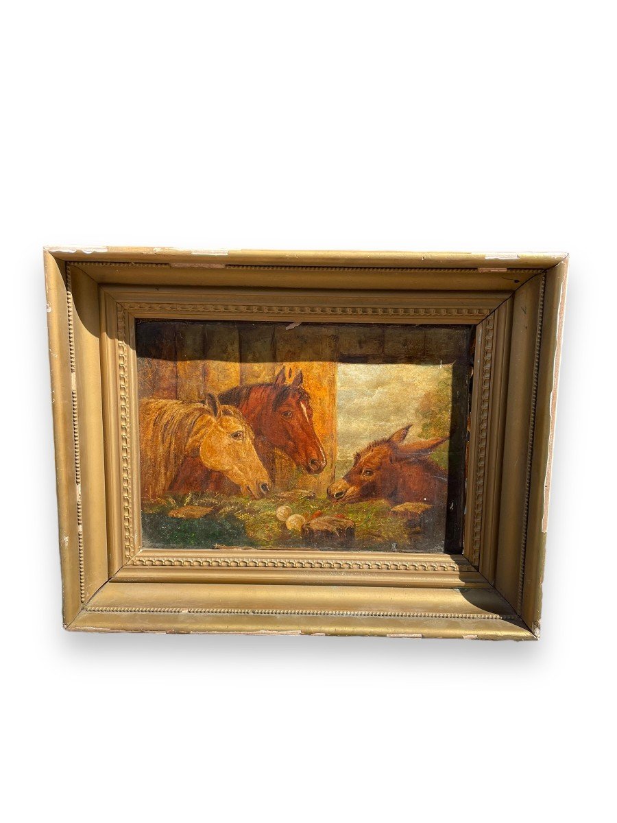 Ecole Anglaise XIXeme âne Et Chevaux Dans Une étable-photo-2