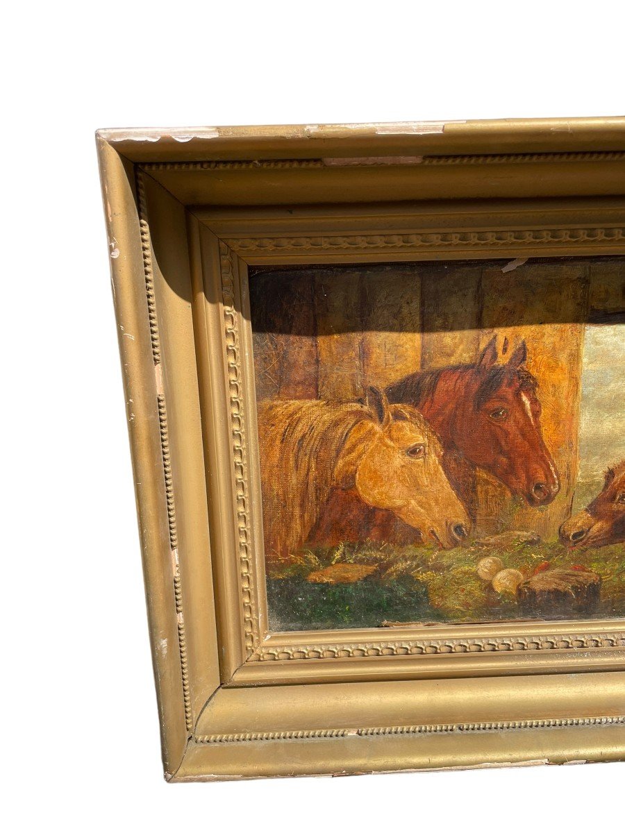 Ecole Anglaise XIXeme âne Et Chevaux Dans Une étable-photo-3