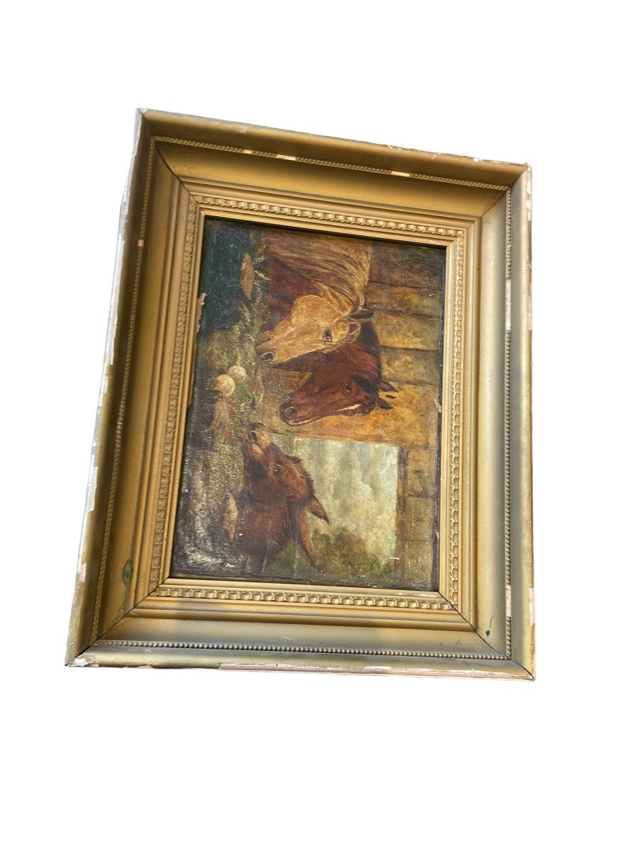 Ecole Anglaise XIXeme âne Et Chevaux Dans Une étable-photo-4