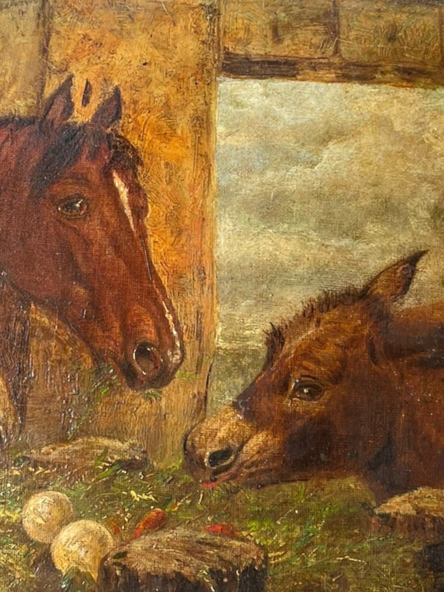 Ecole Anglaise XIXeme âne Et Chevaux Dans Une étable-photo-5