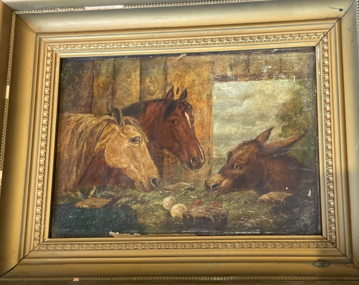 Ecole Anglaise XIXeme âne Et Chevaux Dans Une étable-photo-7