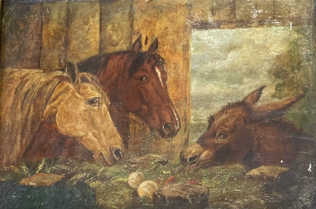 Ecole Anglaise XIXeme âne Et Chevaux Dans Une étable