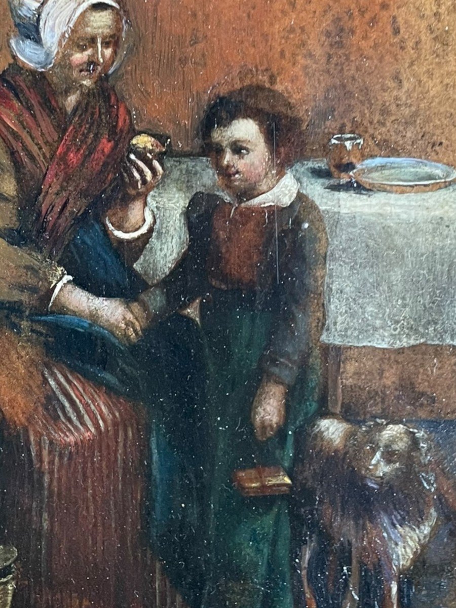 Huile Sur Cuir XIXeme Scène d'Intérieur-photo-4