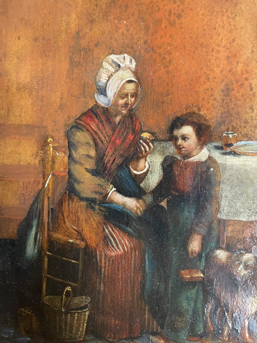 Huile Sur Cuir XIXeme Scène d'Intérieur