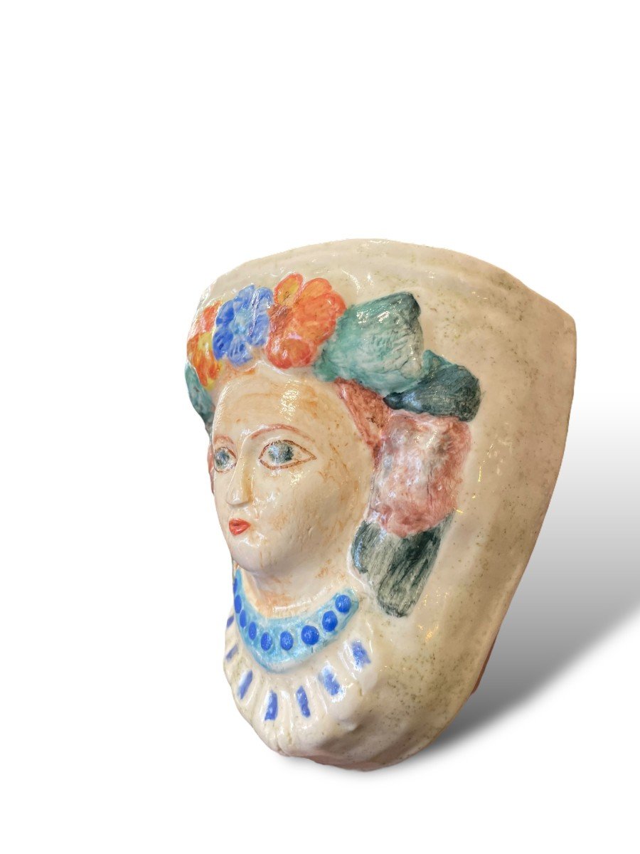 Enameled Ceramic Applique Woman With Flower Crown-photo-2