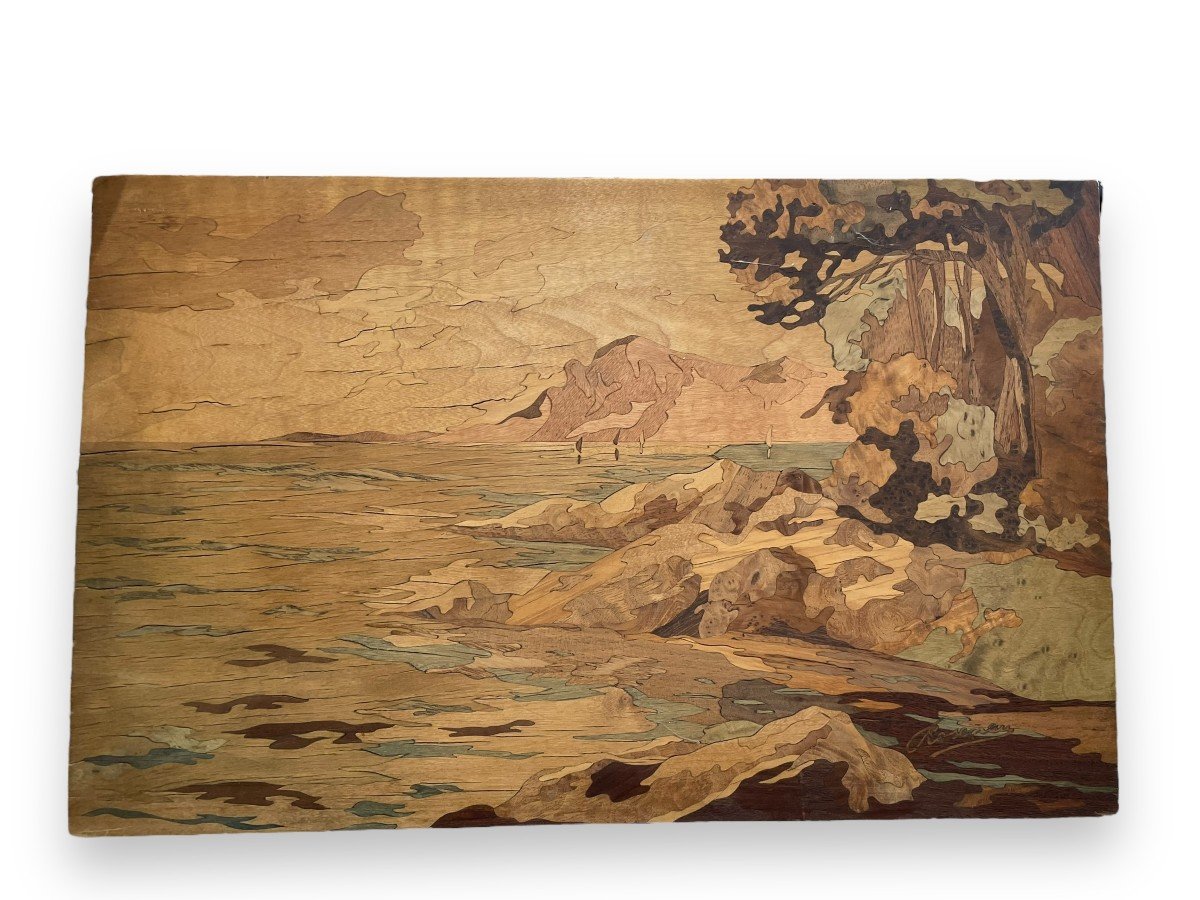 Pierre Rosenau Bord De Mer Panneau En Marqueterie De Bois-photo-2