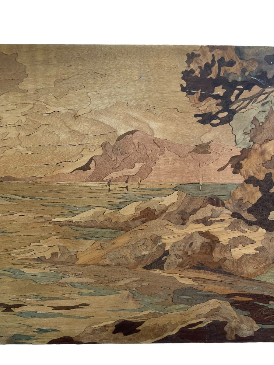 Pierre Rosenau Bord De Mer Panneau En Marqueterie De Bois-photo-3