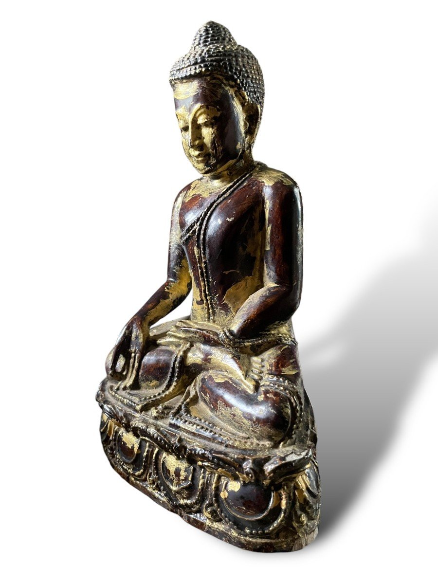 Seated Buddha Painted And Gilded Wood Dhyana Mudra-photo-3