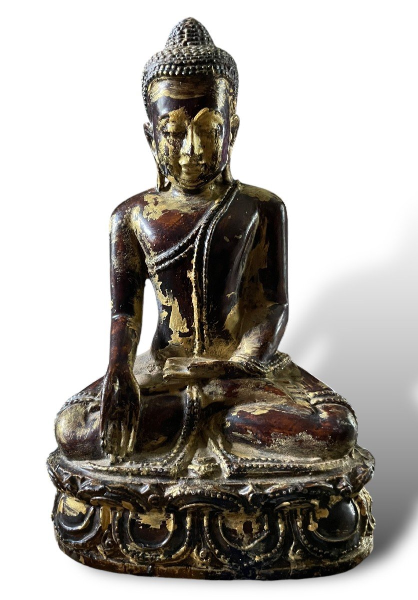 Seated Buddha Painted And Gilded Wood Dhyana Mudra