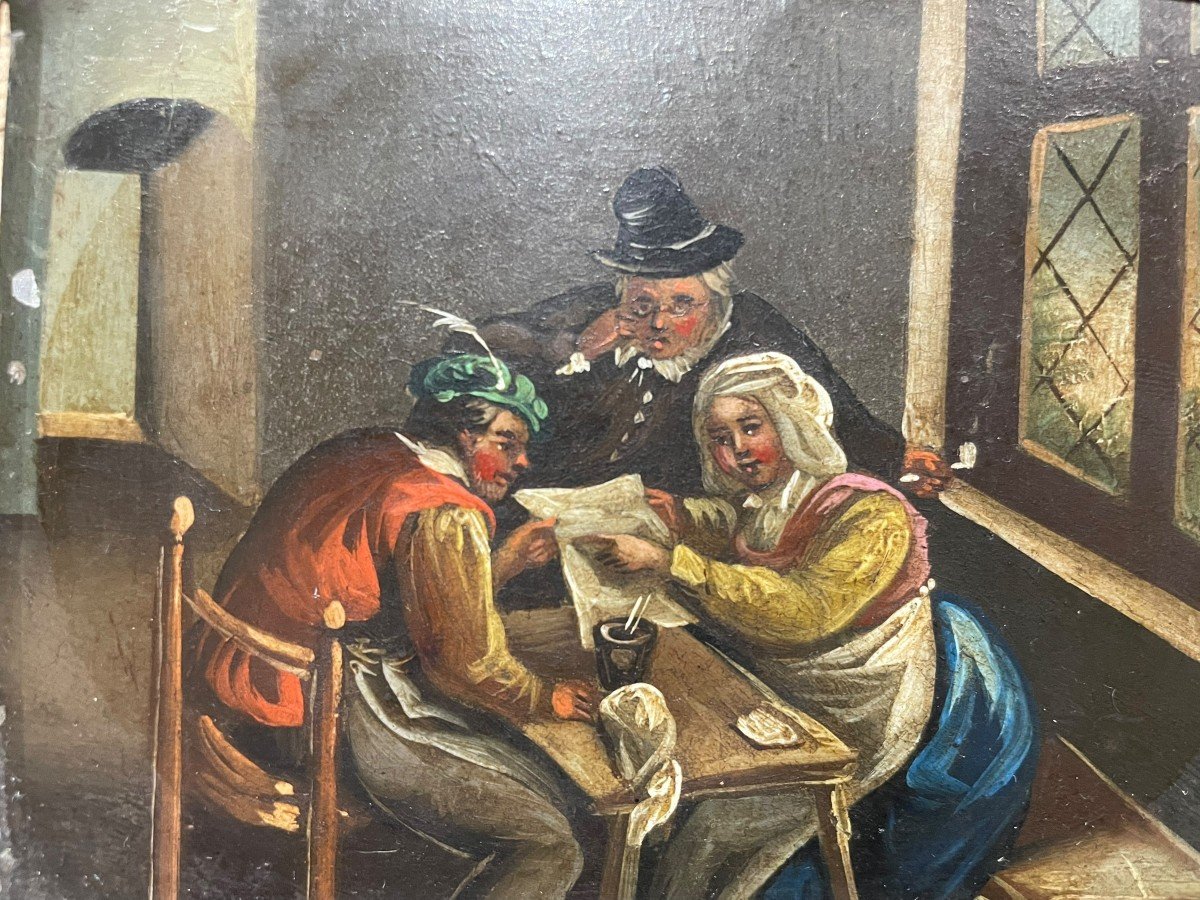 Ecole Flamande Scène De Taverne Huile Sur Zinc Début  XIXeme-photo-1