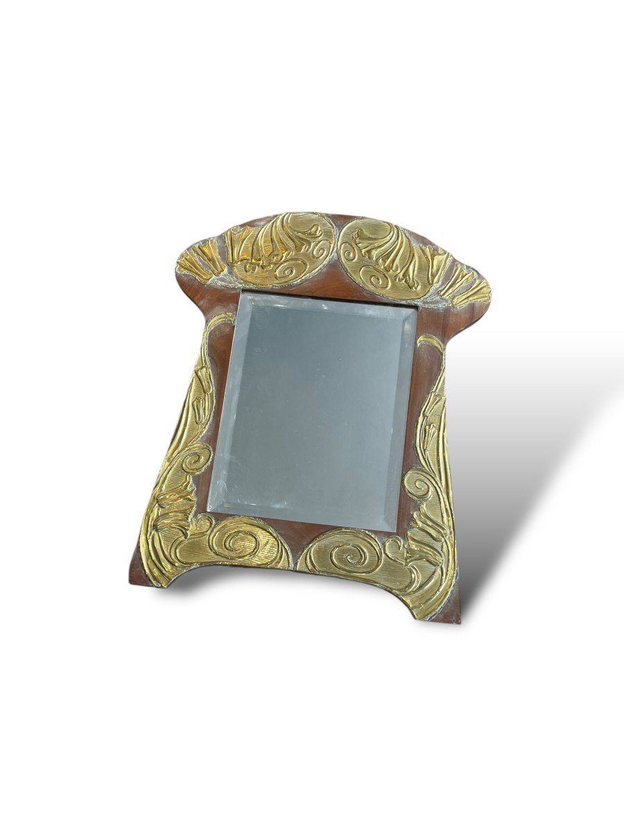 Miroir Art Nouveau En Bois Et Métal Doré-photo-1