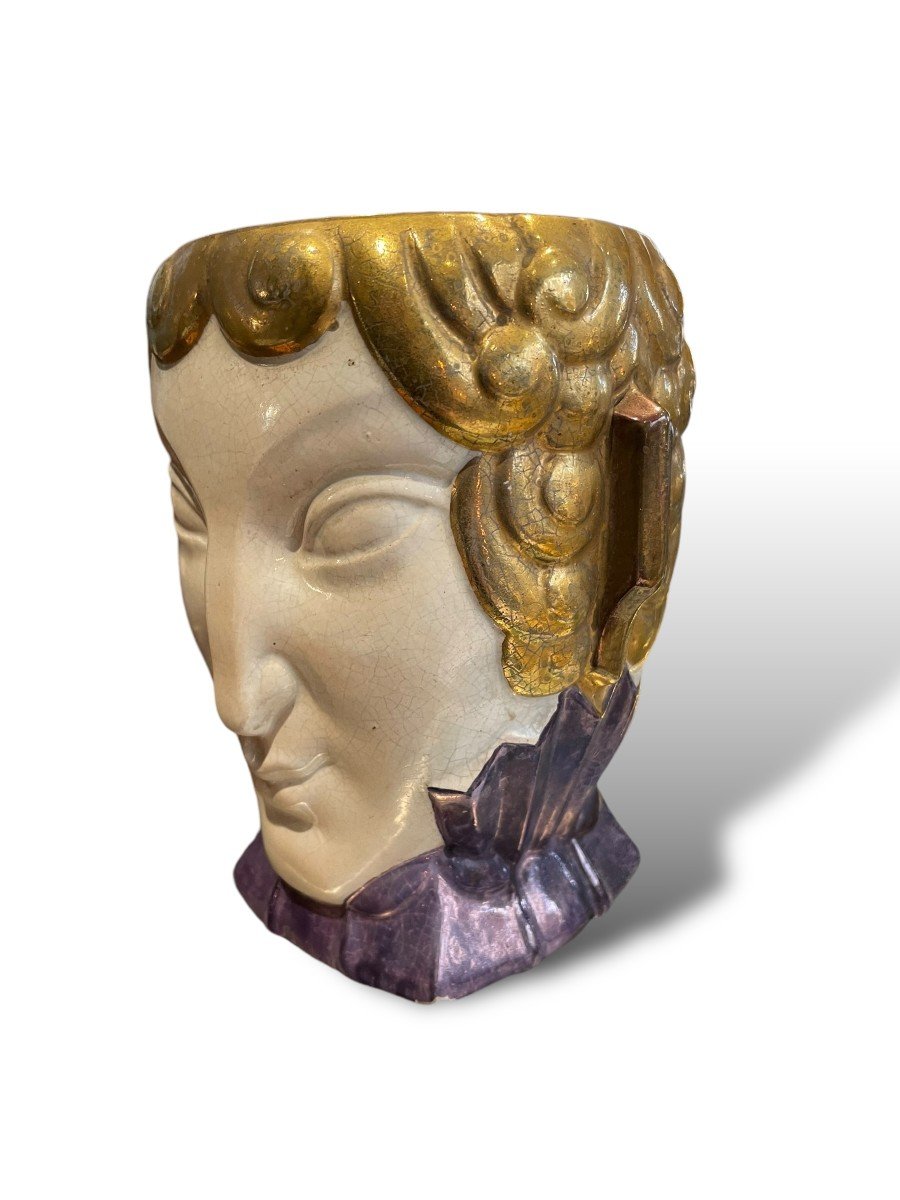Art Deco Polychrome Ceramic Faun Head Vase Attributed To Robj-photo-2