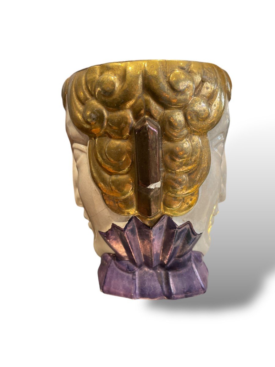 Art Deco Polychrome Ceramic Faun Head Vase Attributed To Robj-photo-7