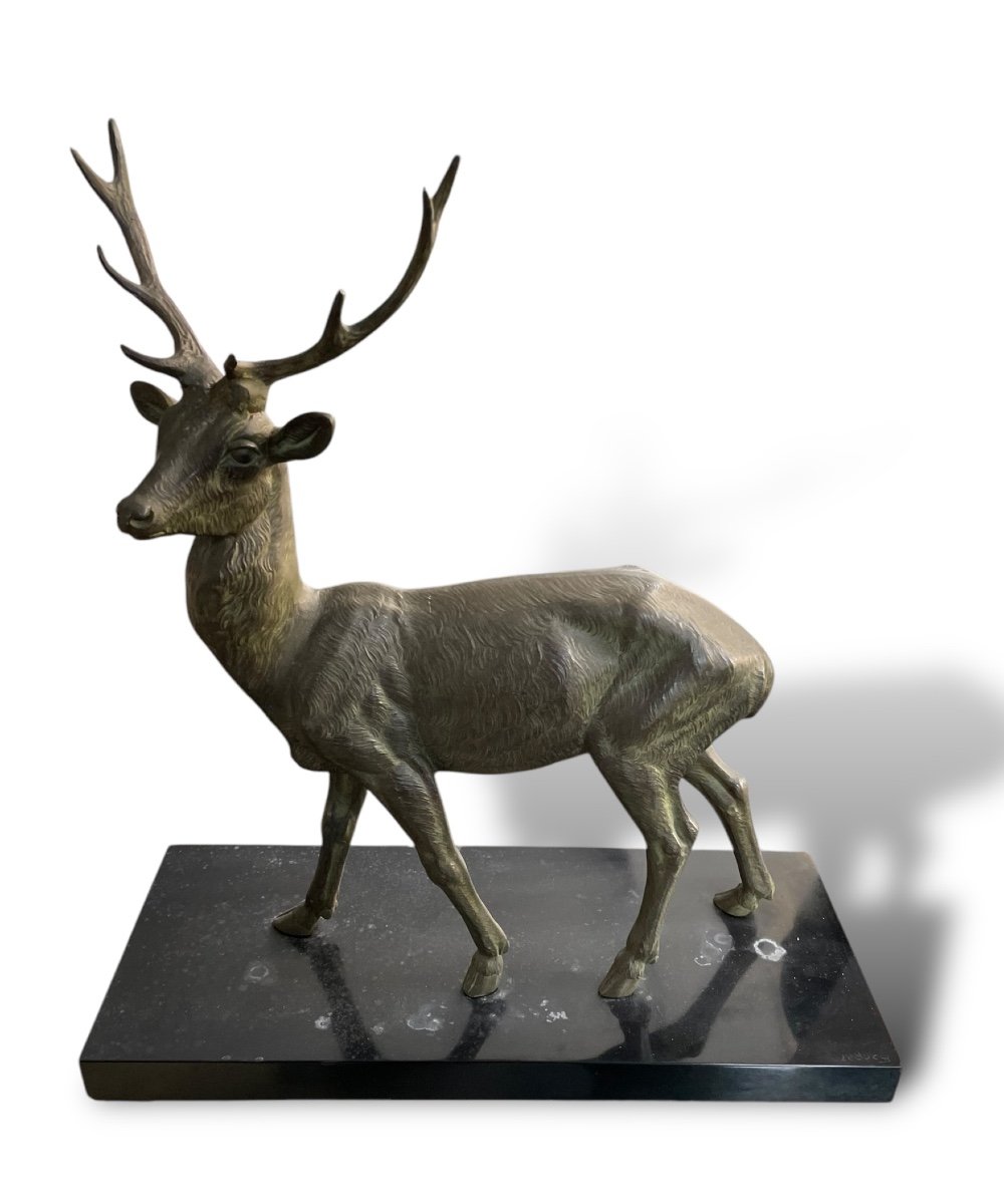 LEDUCQ Sculpture Grand Cerf Socle En Marbre