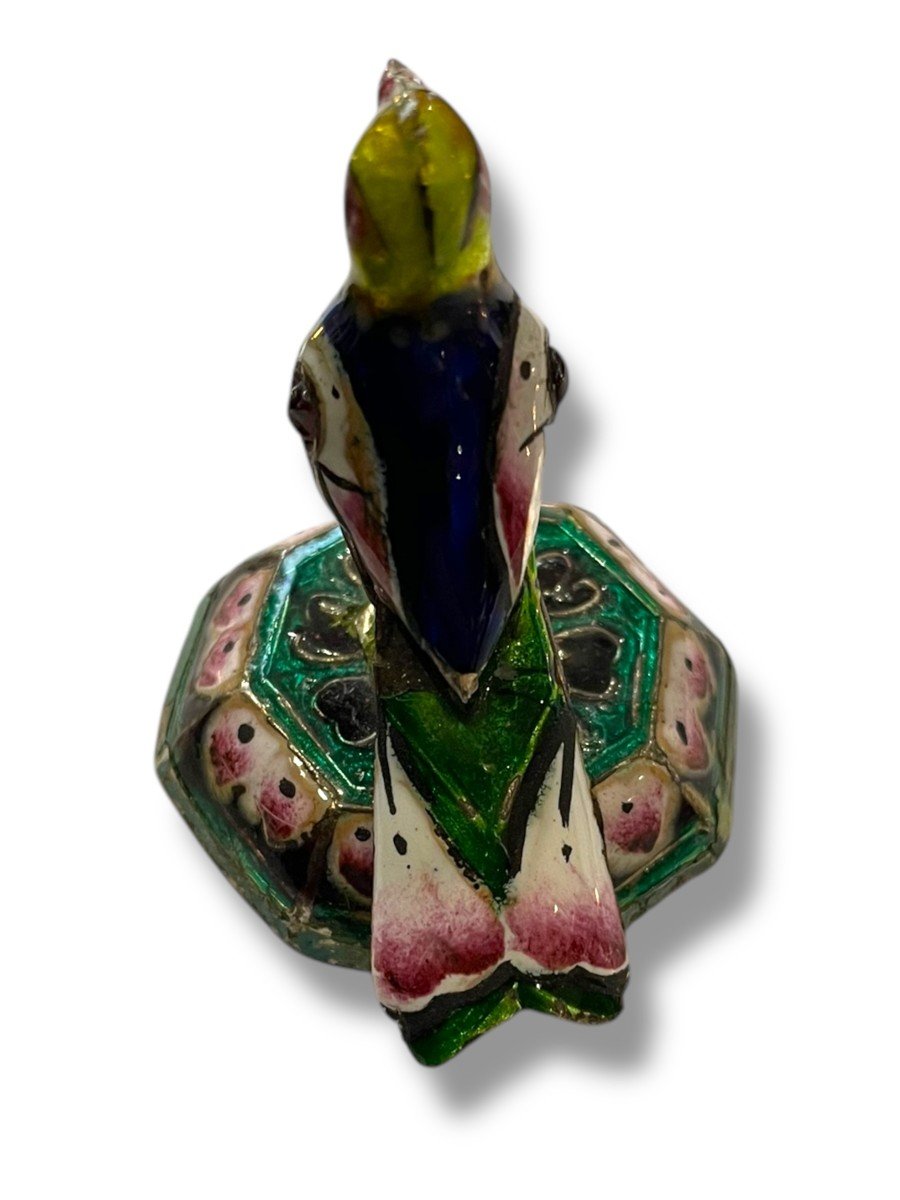 émail De Pékin Oiseau Perché En Argent Et émaux Polychromes-photo-3
