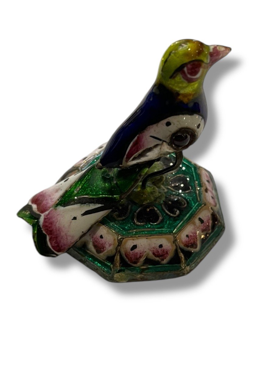 émail De Pékin Oiseau Perché En Argent Et émaux Polychromes-photo-5