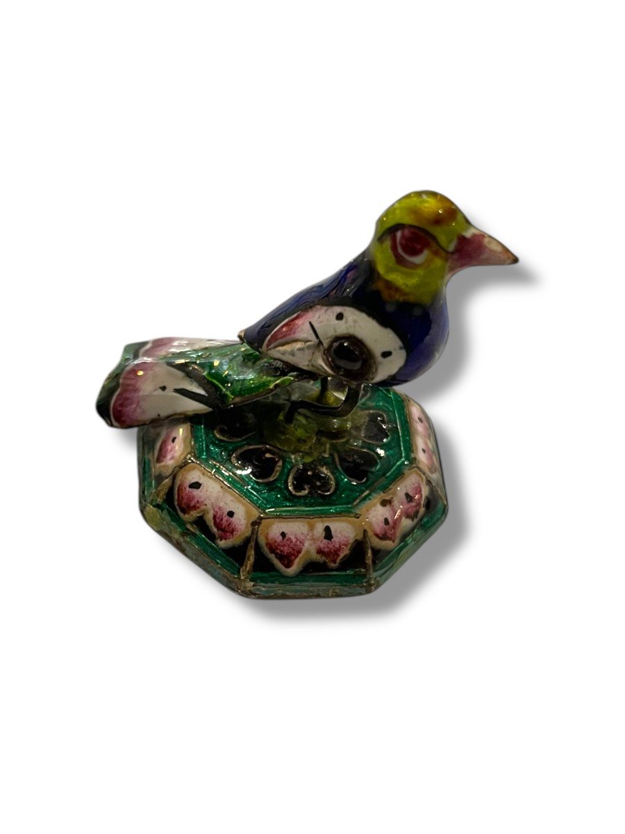 émail De Pékin Oiseau Perché En Argent Et émaux Polychromes-photo-6