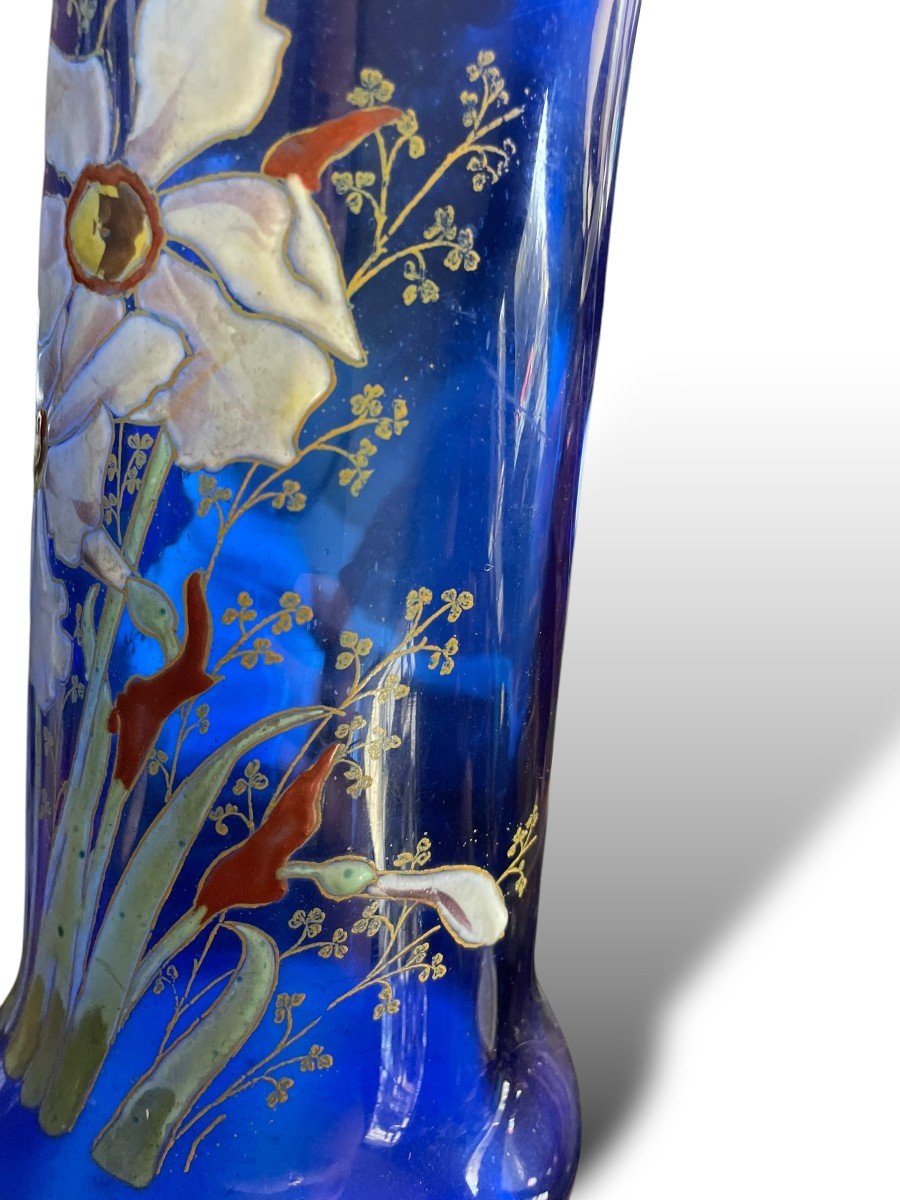 Vase En Verre émaillé  Montjoye Legras Fond Bleu circa 1900-photo-3