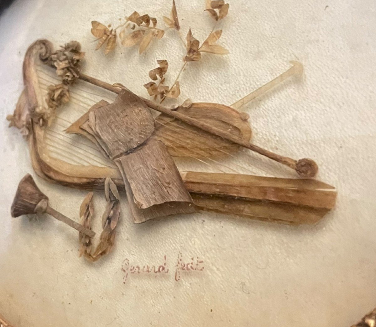 19th Century Curiosity Object Straw And Hair Work Allegory Of Music-photo-3