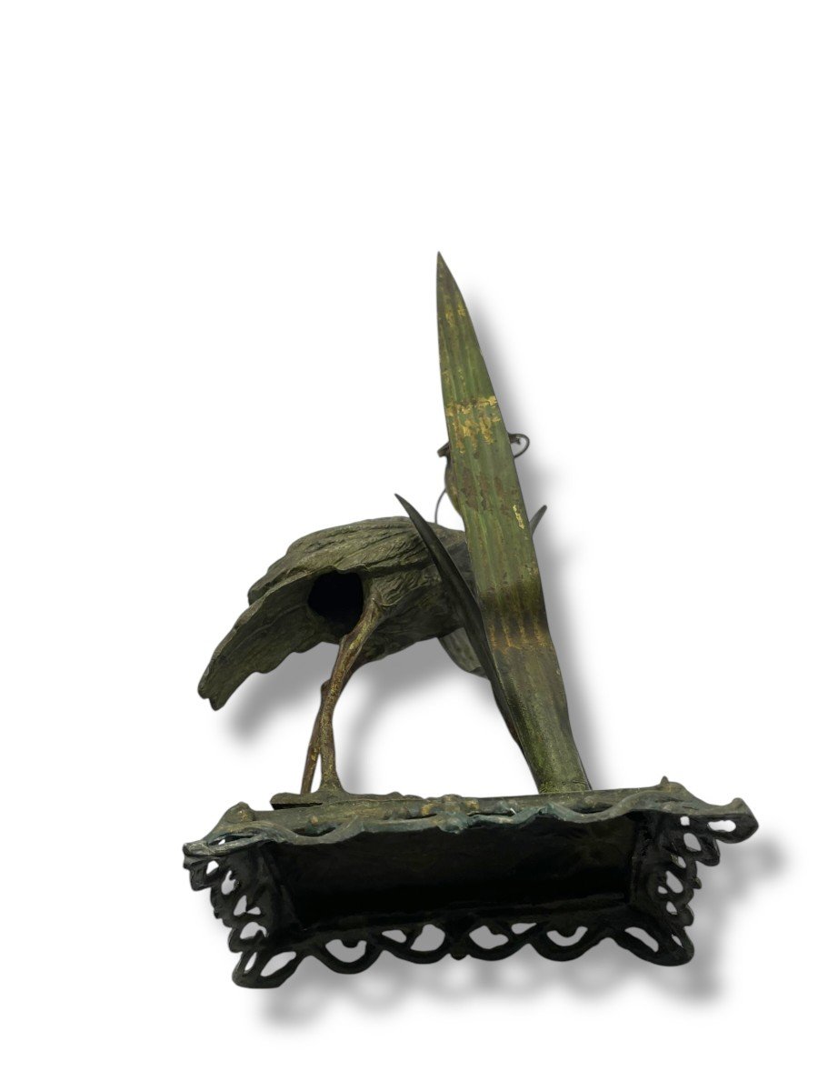 Héron Et Végétaux Bronze Polychrome Circa 1900-photo-5