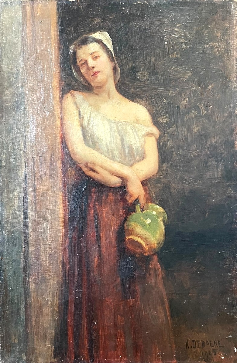 Alphonse Jules Debaene Jeune Femme Au Pot Huile Sur Toile 1905