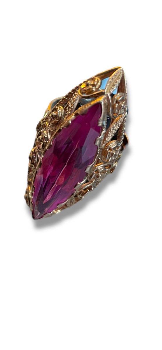 Navette Ring In Yellow Gold And Pink Spinel From Russia -photo-2