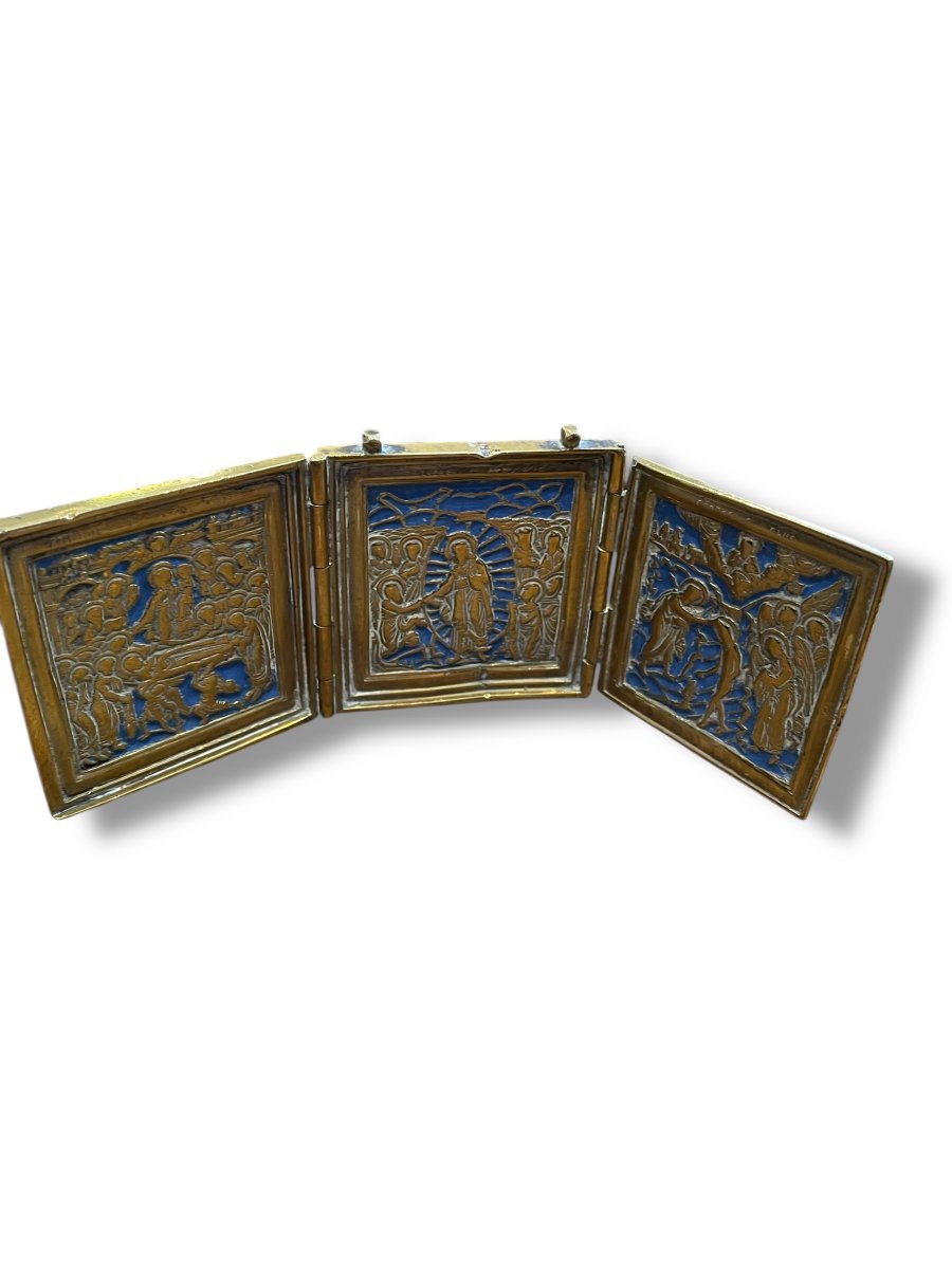 Russian Travel Icon Triptych In Bronze And Enamel-photo-4