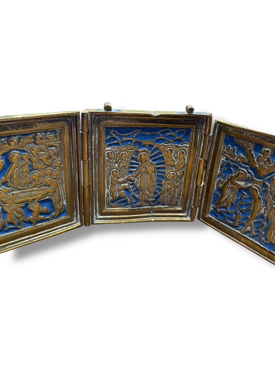 Russian Travel Icon Triptych In Bronze And Enamel-photo-2