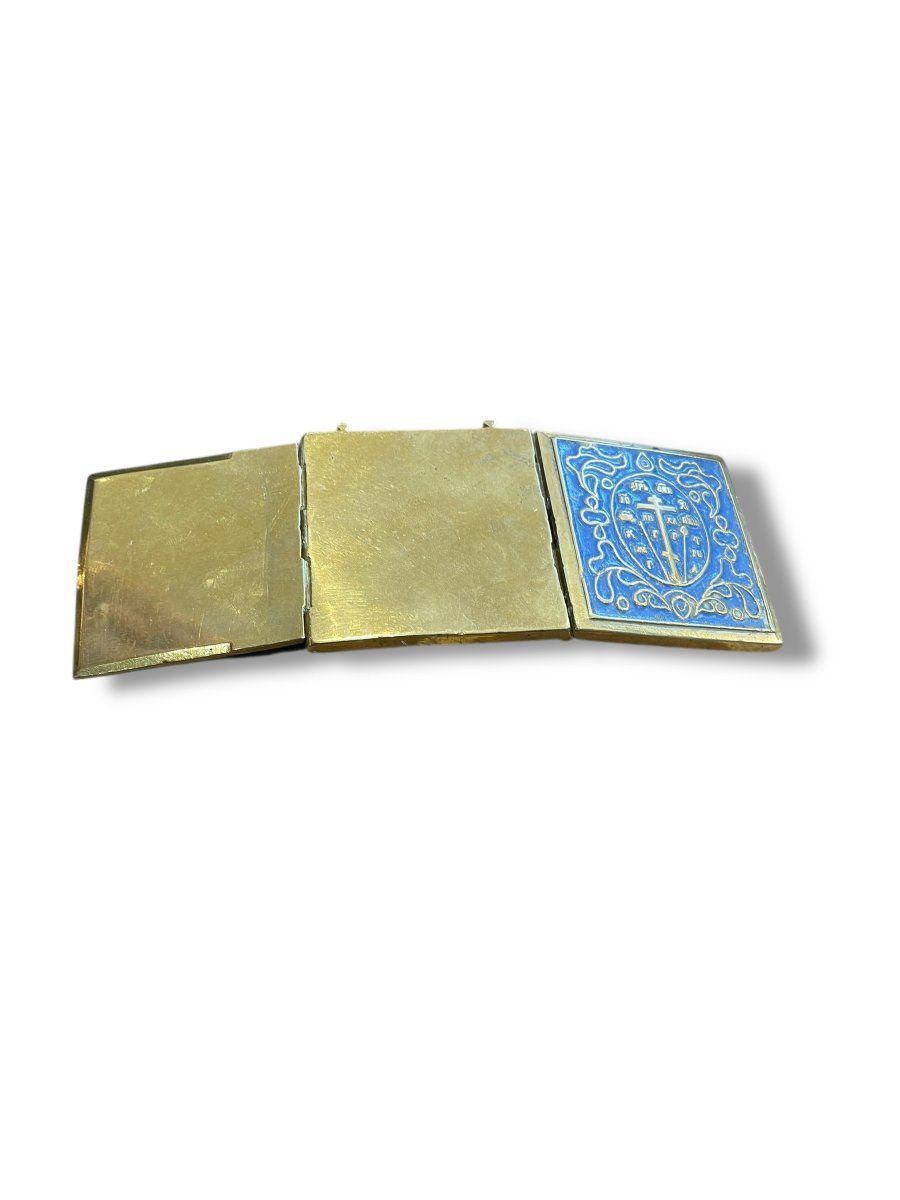 Russian Travel Icon Triptych In Bronze And Enamel-photo-5