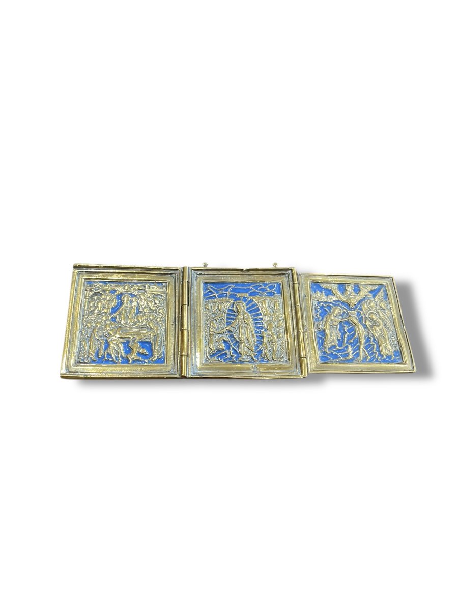 Russian Travel Icon Triptych In Bronze And Enamel-photo-8