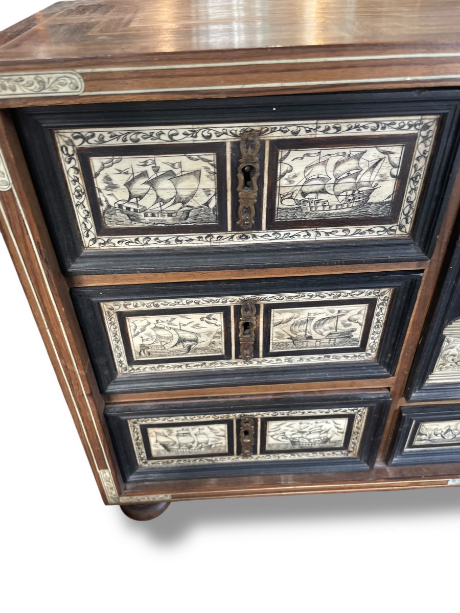 Cabinet italien de voyage bargueño motifs bateaux-photo-5