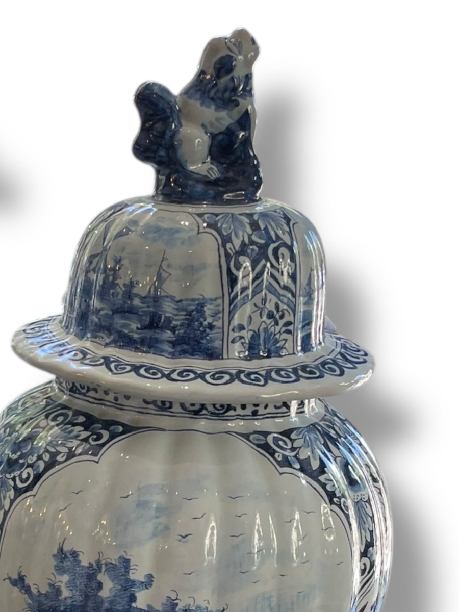 Delft Pair Of Covered Pots With Animated Scenes And Mills, 19th Century-photo-2