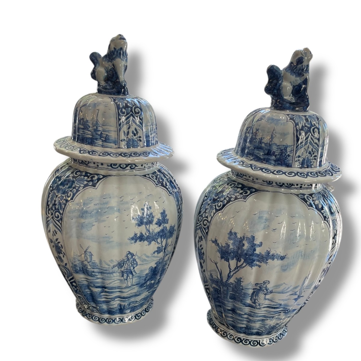 Delft Pair Of Covered Pots With Animated Scenes And Mills, 19th Century