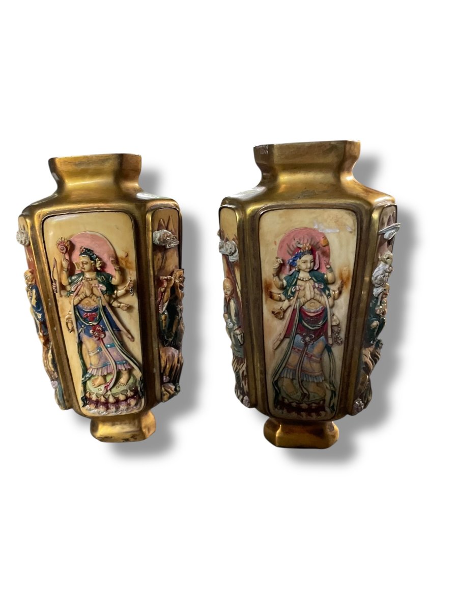 Pair Of Bronze And Polychrome Vases Circa 1900-photo-2