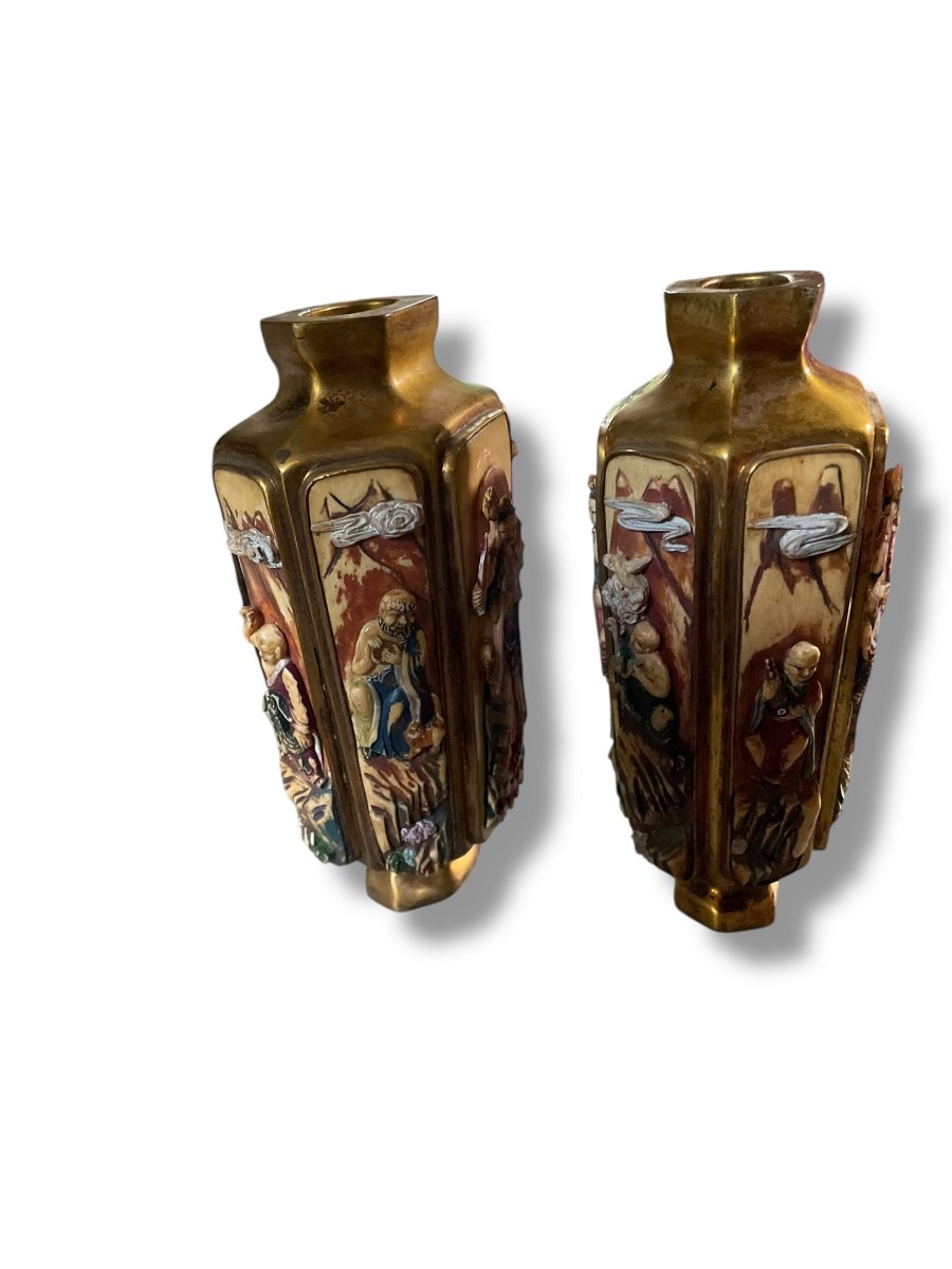 Pair Of Bronze And Polychrome Vases Circa 1900-photo-5