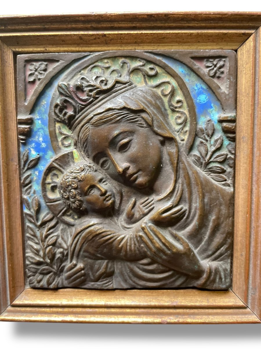 Virgin And Child Enamelled Bronze Plaque 19th Century-photo-2