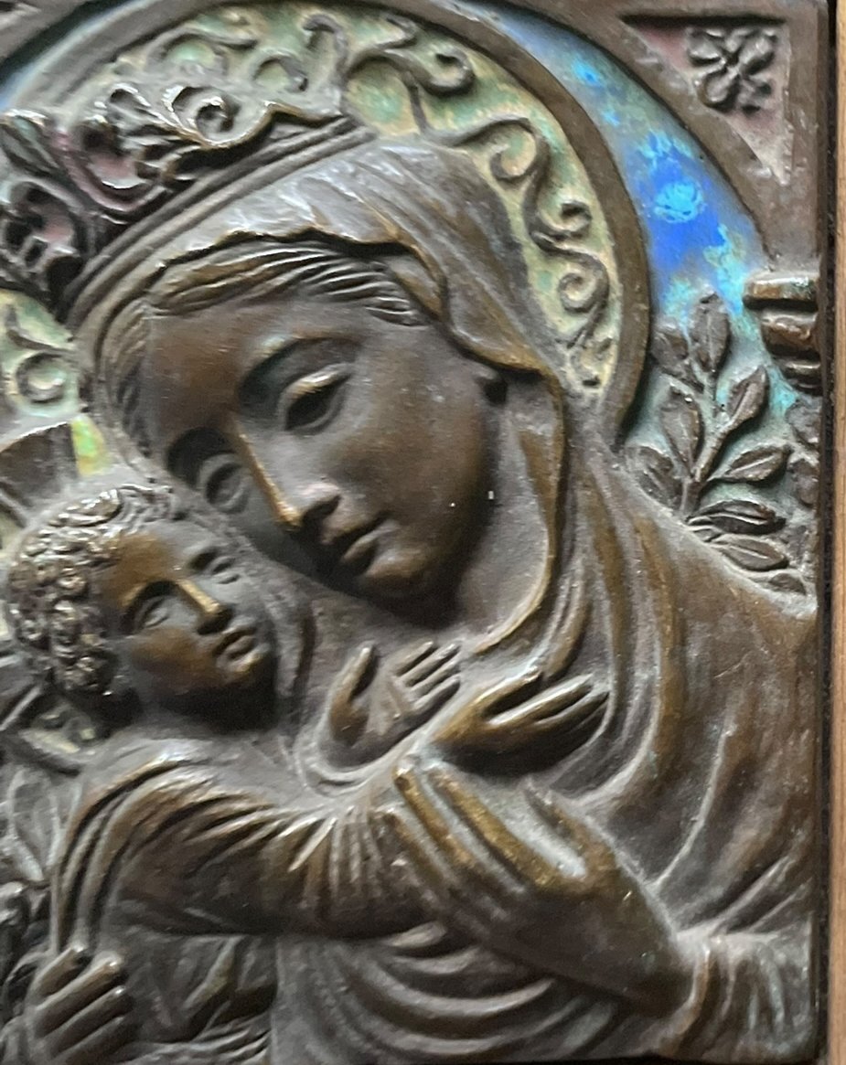Virgin And Child Enamelled Bronze Plaque 19th Century-photo-4