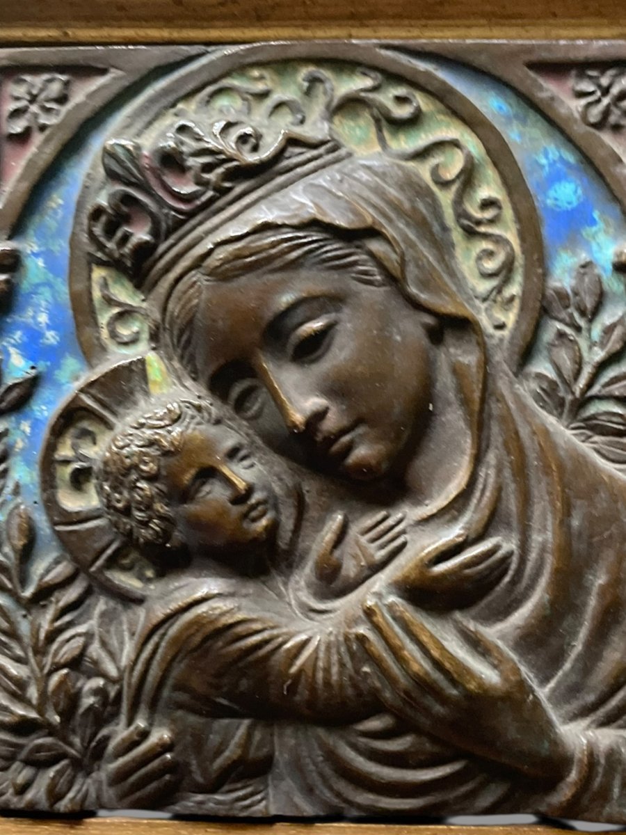 Virgin And Child Enamelled Bronze Plaque 19th Century-photo-2
