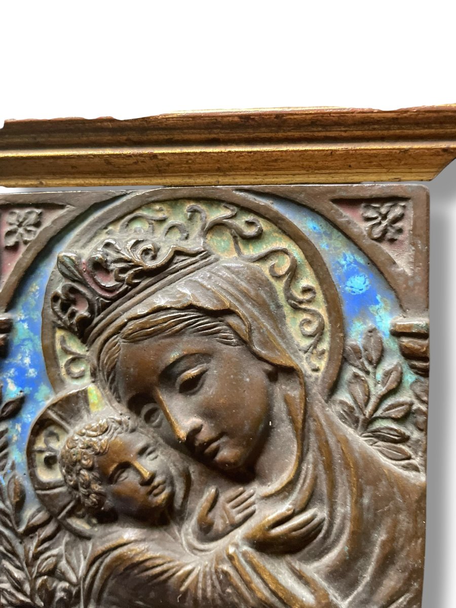 Virgin And Child Enamelled Bronze Plaque 19th Century-photo-3