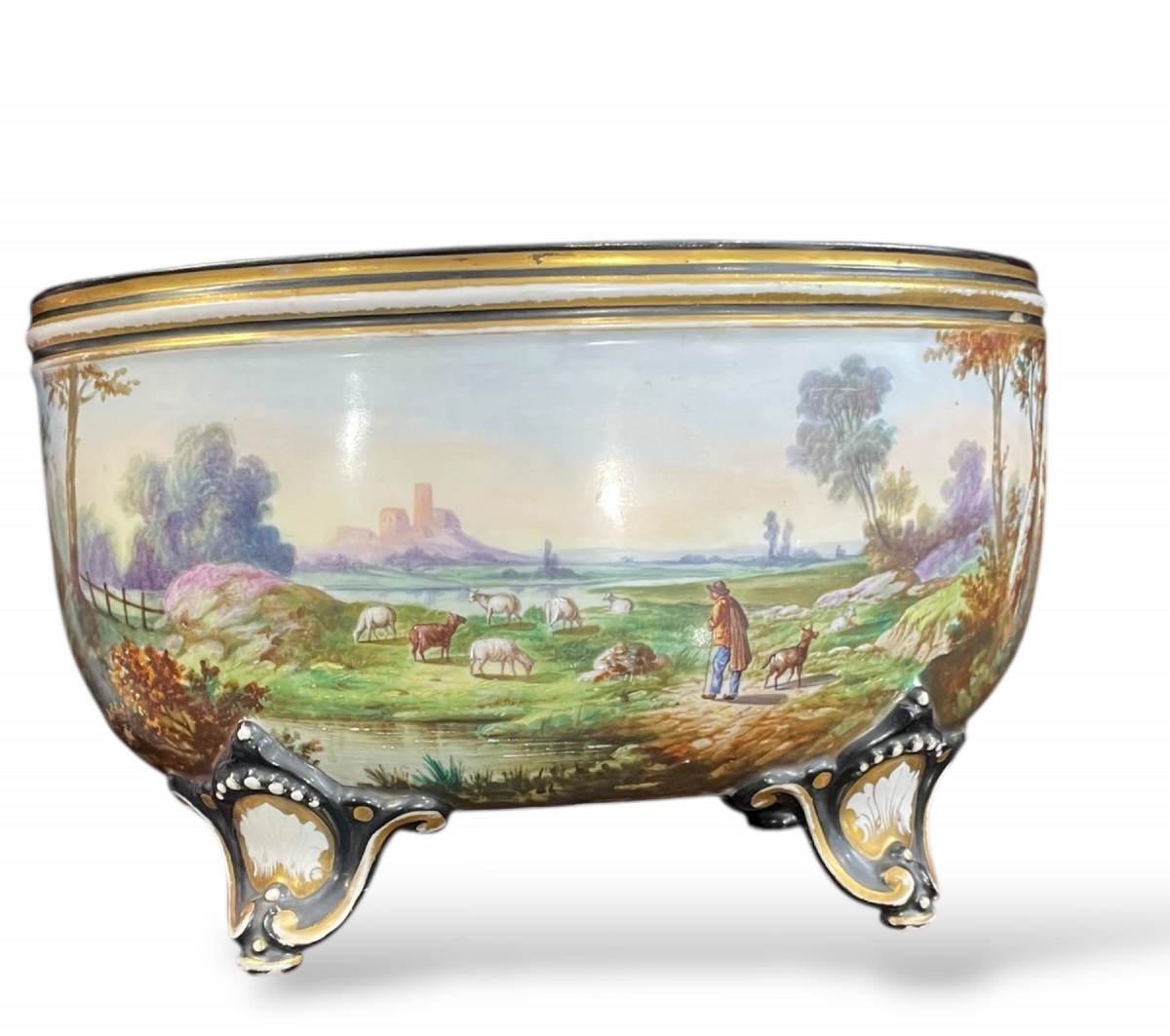 Old Paris 19th Century Porcelain Planter With Bucolic Decoration