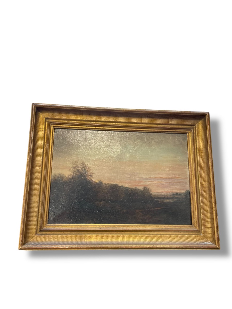 Huile sur toile XIX eme paysage et crépuscule-photo-2