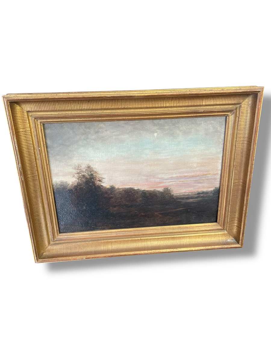 Huile sur toile XIX eme paysage et crépuscule-photo-4