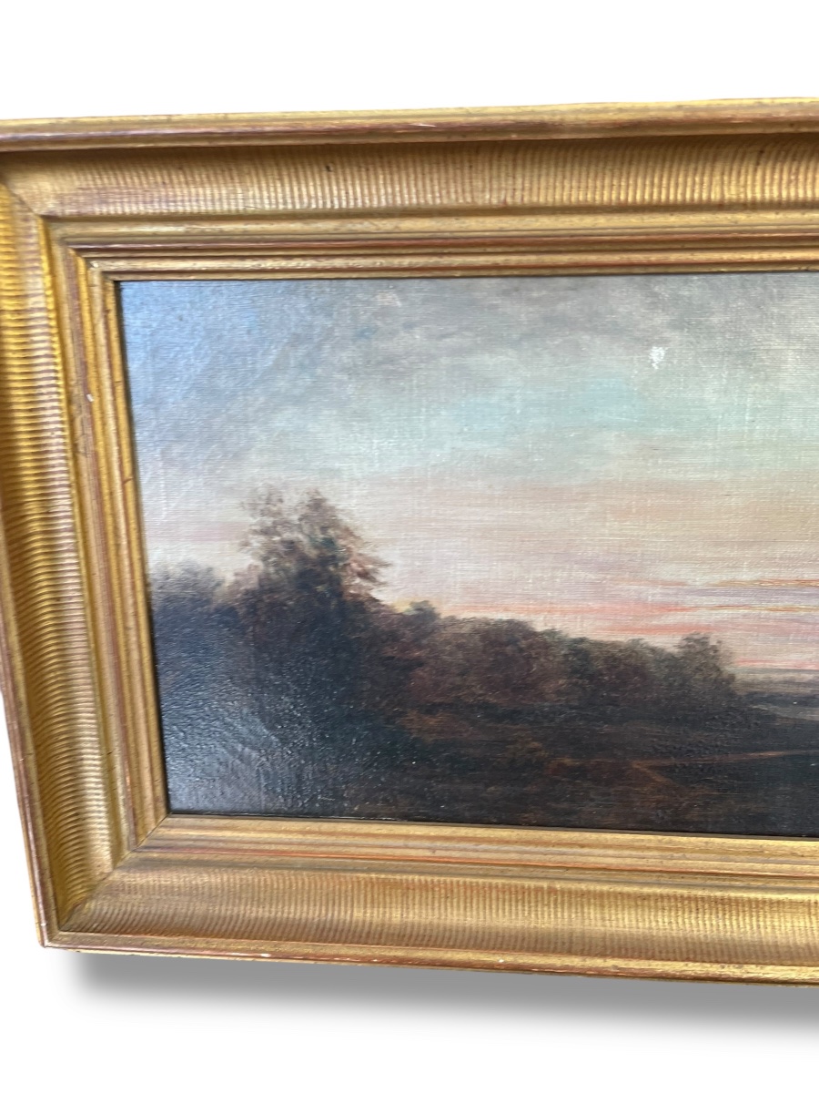 Huile sur toile XIX eme paysage et crépuscule-photo-3