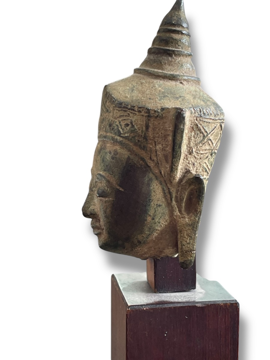 Siam Bronze Head Of Divinity With Green Patina, Ayutthaya Style-photo-3