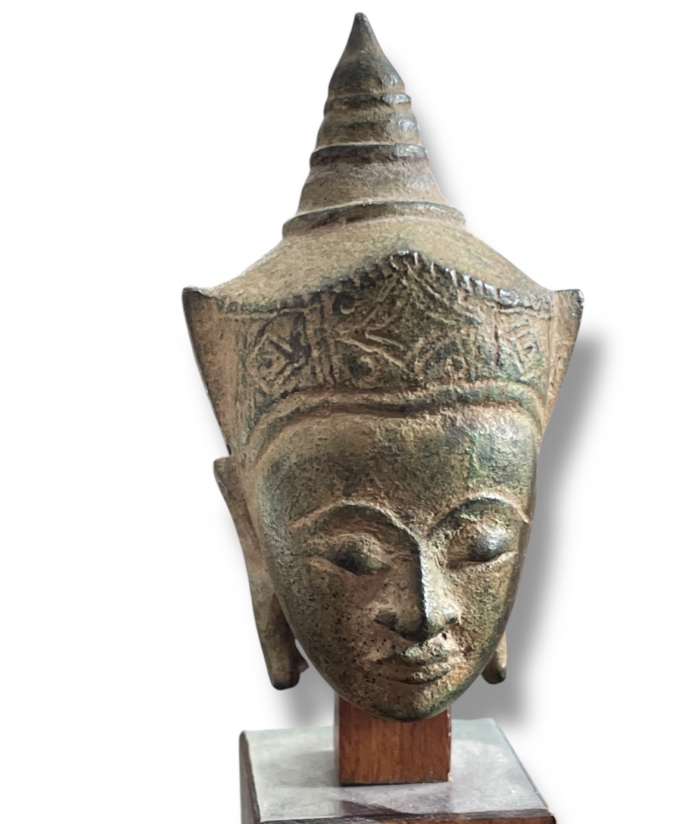 Siam Bronze Head Of Divinity With Green Patina, Ayutthaya Style-photo-2