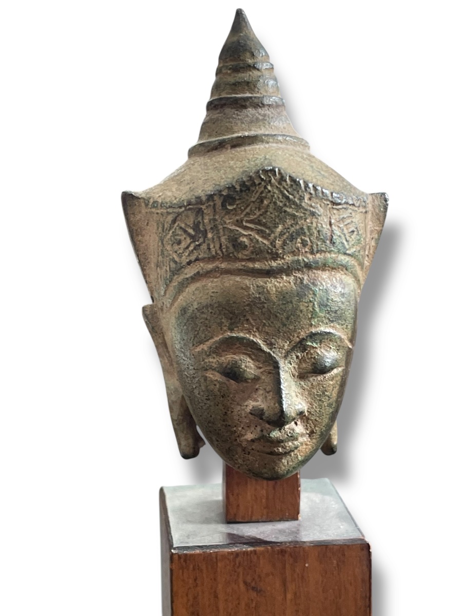 Siam Bronze Head Of Divinity With Green Patina, Ayutthaya Style-photo-1