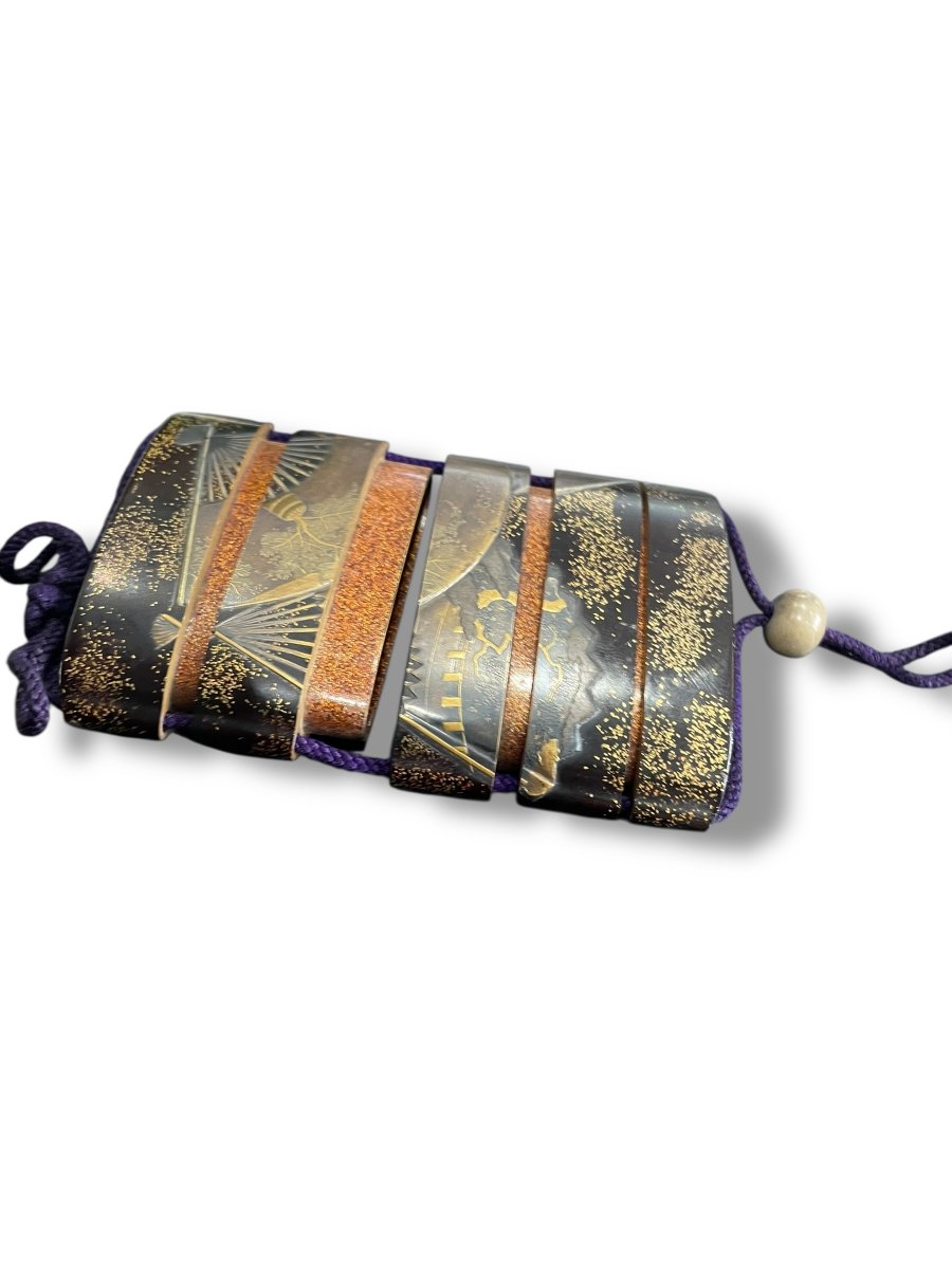 Inro en laque ro-iro et maki-e décor d'éventail-photo-3