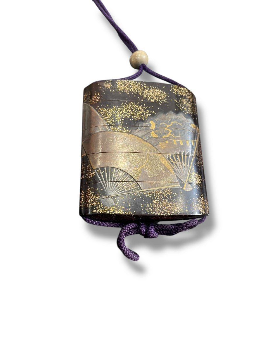 Inro en laque ro-iro et maki-e décor d'éventail-photo-4